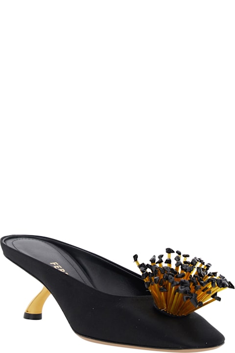 Homeware Ferragamo Black Heeled Sandals With Crystal Decoration On The Front In Fabric For Women