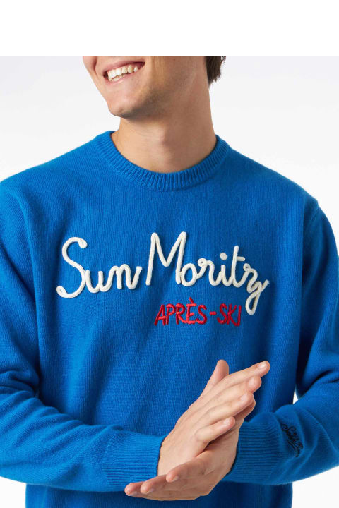 Homeware MC2 Saint Barth Man Crewneck Sweater With Sun Moritz Après Ski Embroidery