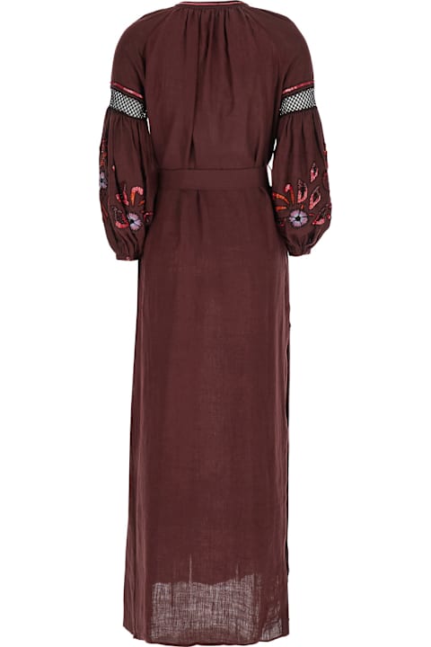Anjuna Clothing for Women Anjuna 'nicoletta' Brown Long Dress With Long Puffed Sleeves And Belt In Linen Woman