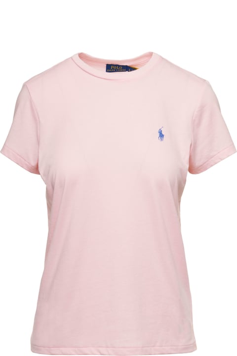 Pink Crewneck T-shirt With Contrasting Logo Embrodery In Cotton Woman