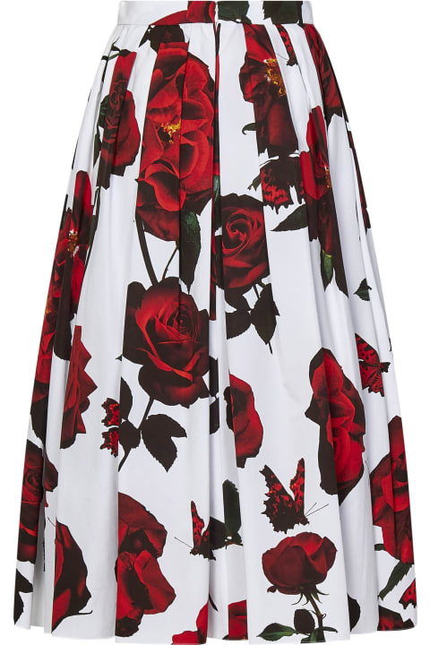 Alexander McQueen for Women Alexander McQueen Tudor Rose Print Pleated Midi Skirt In Cotton Woman