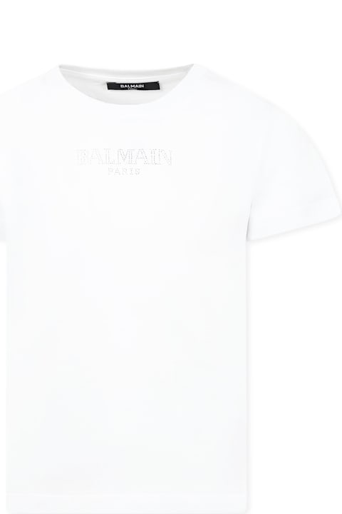 Homeware Balmain White T-shirt For Girl With A Silver Rhinestone Logo