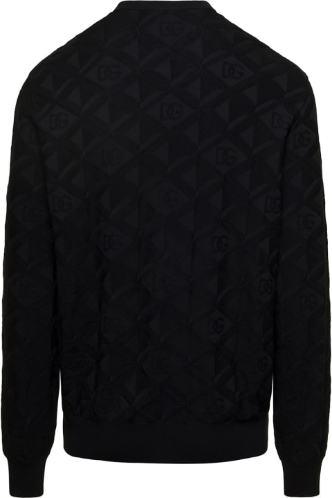 Black Crewneck Pullover With Jacquard Monogram Motif All-over In Silk Man