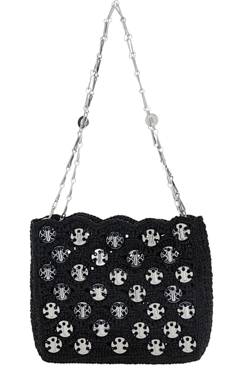 Paco Rabanne حقائب الكتف لـ السيدات Paco Rabanne 'iconic 1969' Black Shoulder Bag With Embedded Metallic Discs In Raphia Woman