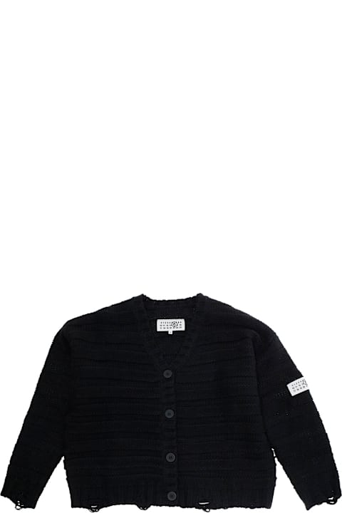 Homeware MM6 Maison Margiela Black Cardigan With V Neck And Logo Patch On The Front In Wool Blend Boy