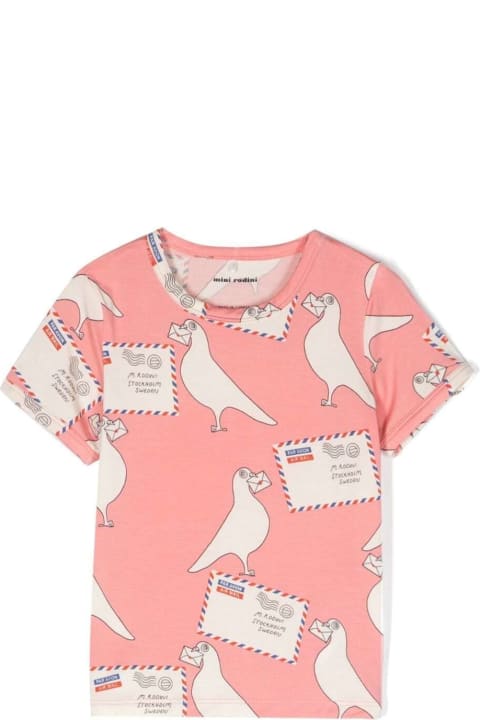 Mini Rodini T-Shirts & Polo Shirts for Girls Mini Rodini Pink Crewneck T-shirt With All-over Pigeons Print In Stretch Fabric Girl