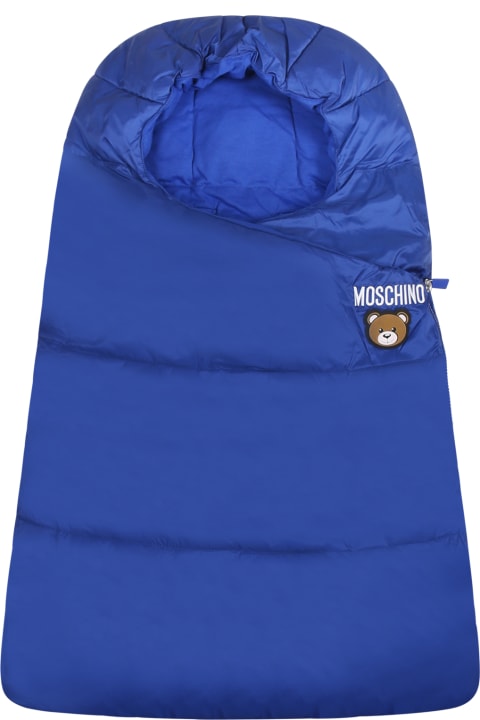 ベビーガールズのセール Moschino Blue Sleeping Bag For Baby Boy With Teddy Bear And Logo