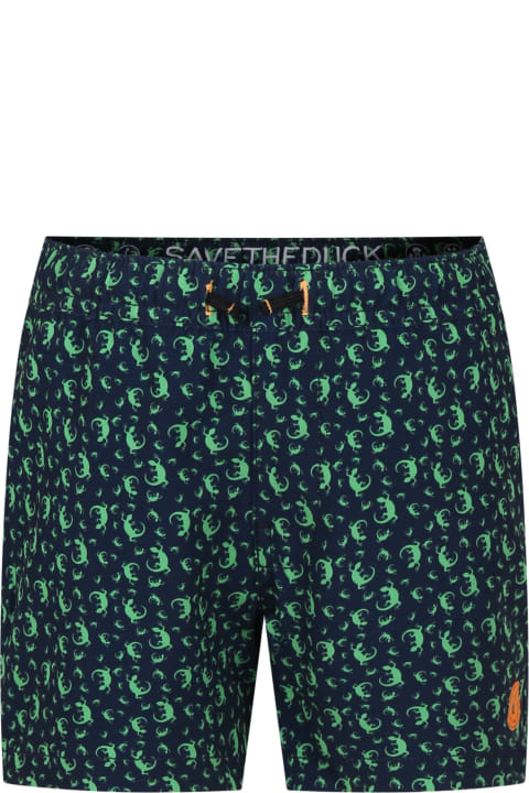 Save the Duck for Kids Save the Duck Blue Getu Swim Shorts For Boy With Gecko Print