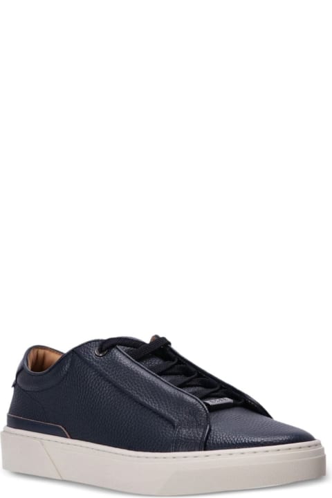 Hugo Boss Men Hugo Boss Blue Grained Leather Sneakers With Logo Tag On Laces