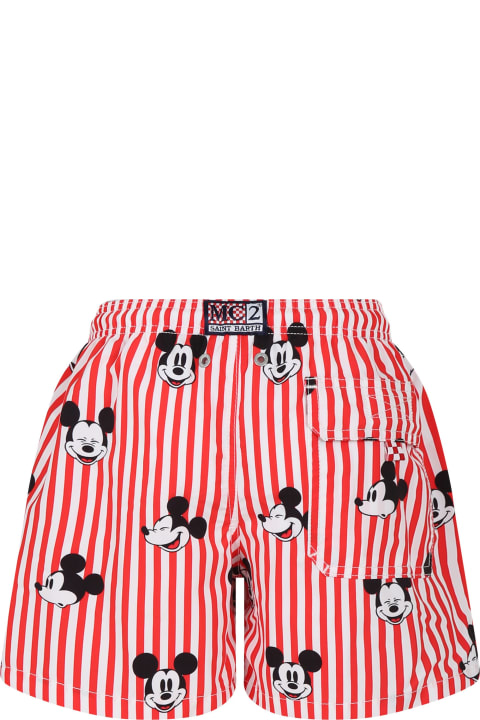 Fashion for Boys MC2 Saint Barth Red Swim Shorts For Boy With Mickey Mouse Print And Logo