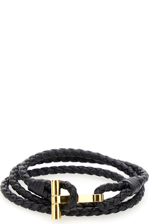 メンズ ブレスレット Tom Ford Black Bracelet With T Detail In Braided Leather Man
