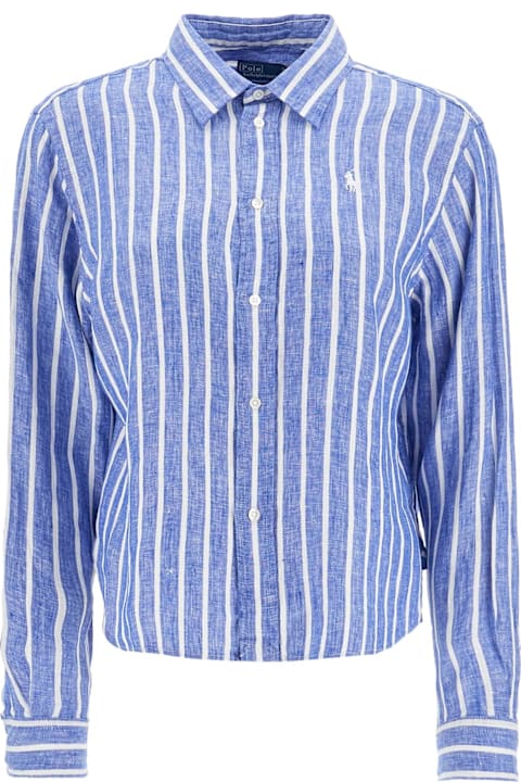 Homeware Polo Ralph Lauren Camicia Lino Righe Blu E Bianca Manica Lunga Regular