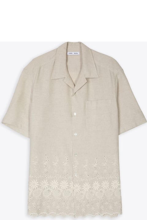 Embroidered Short Sleeve Camp Collar Shirt Beige linen blend shirt with broderie anglaise - Ture embroidery