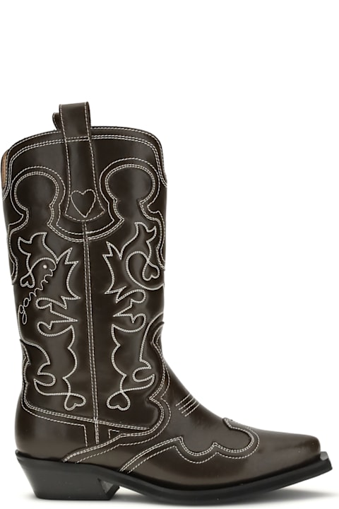 Ganni Mid Shaft Embroidered Western Boot Oleat