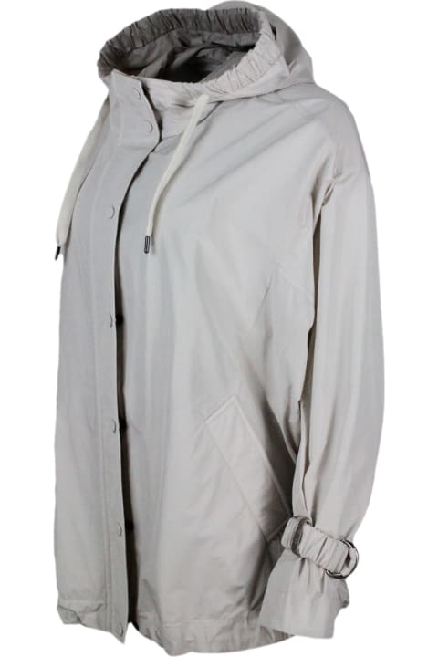 Brunello Cucinelli for Women Brunello Cucinelli Water Resistant Outerware Jacket With Hood And Drawstring Hem. Curl On The Sleeve With Precious Jewel