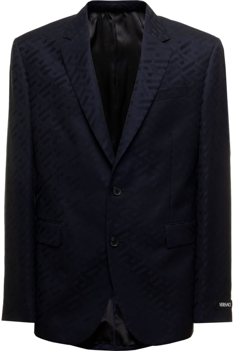 Blue La Greca Single-breasted Blazer In Jacquard Wool Versace Man