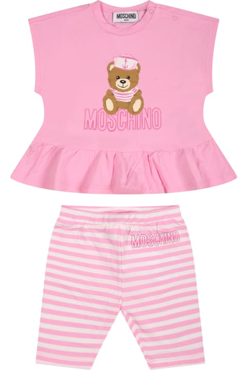 Bottoms for Baby Girls Moschino Pink Suit For Baby Girl With Teddy Bear And Logo