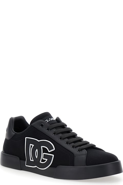Sneakers for Men Dolce & Gabbana 'portofino' Black Low Top Sneakers With Logo Embroidery On The Side And Logo Patch On The Tongue In Cotton Blend Man