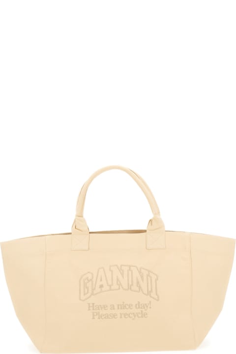 Ganni for Women Ganni 'xxl' Beige Tote Bag With Tonal Embroidery In Recycled Cotton Woman