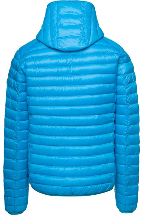 Blue Hooded Puffer Jacket With Zip Fastening And Logo In Polyester Man