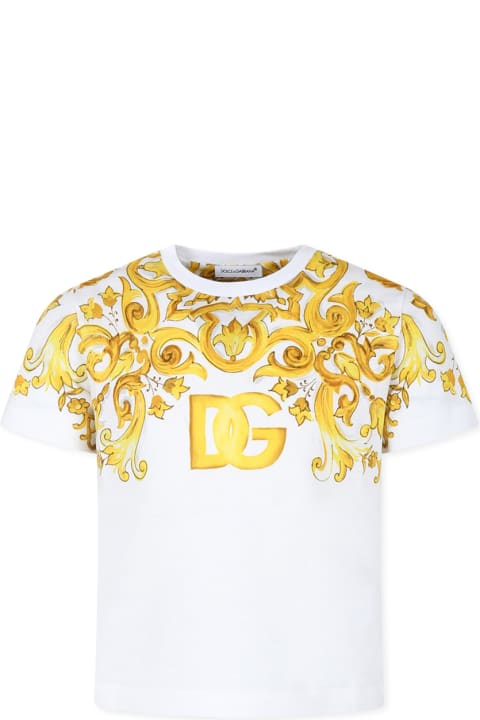 Dolce & Gabbana Topwear for Girls Dolce & Gabbana White T-shirt For Girl With Logo Dg And Yellow Majolica