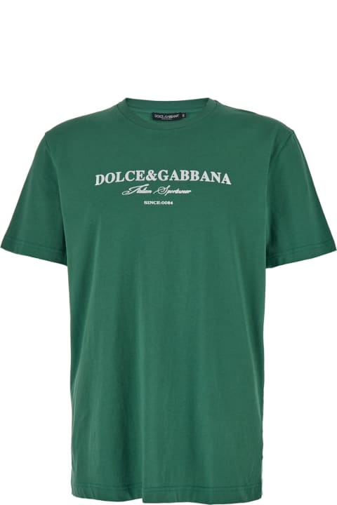 Dolce & Gabbana Topwear for Men Dolce & Gabbana Green Crewneck T-shirt With Logo Print In Cotton Man