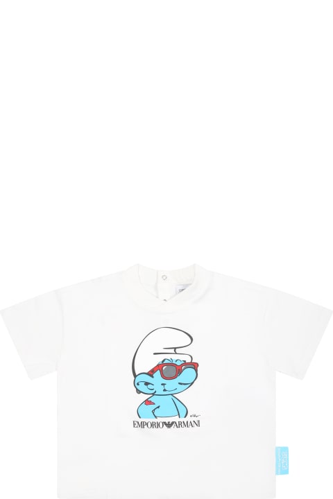 Topwear for Baby Boys Emporio Armani White T-shirt For Baby Boy With The Smurfs