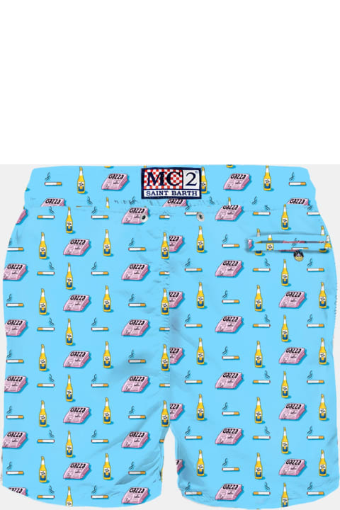 Homeware MC2 Saint Barth Man Light Fabric Swim Shorts With Newspaper, Beer And Cigarette Print