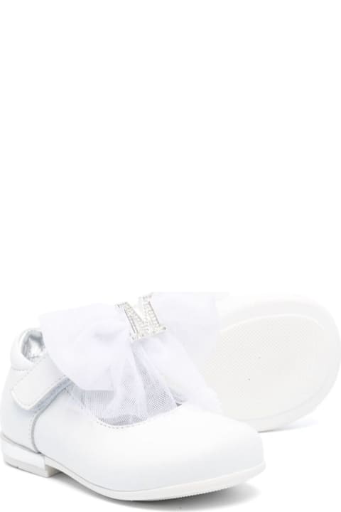 Monnalisa Shoes for Girls Monnalisa White Ballet Shoes With Bow And Rhinestoned Logo Plaque In Leather Girl
