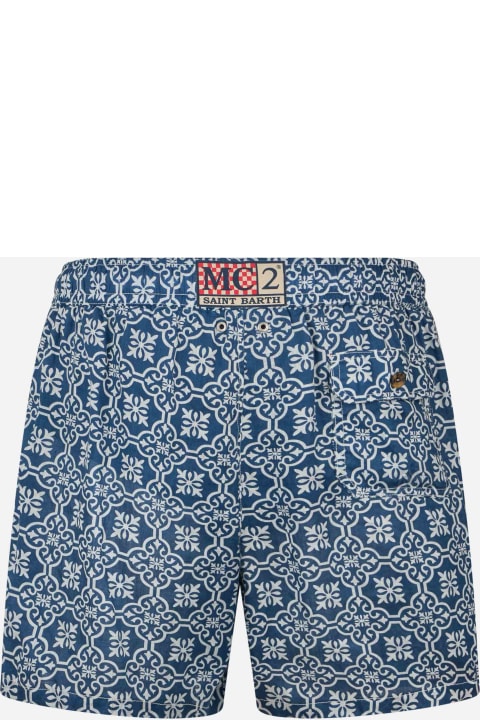 Homeware MC2 Saint Barth Man Mid-length Linen Swim-shorts Gustavia With Majolica Print