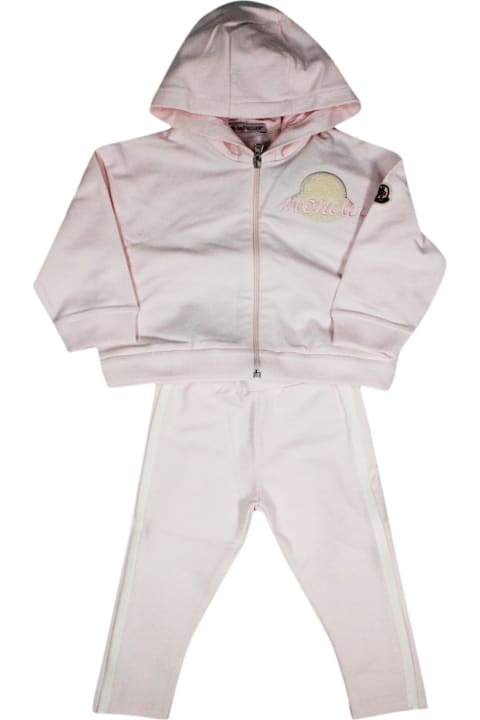 Sale for Baby Girls Moncler Complete With Zip-up Sweatshirt With Long-sleeved Hood In Fine Cotton And Trousers With Elastic Waist. Logo On The Chest