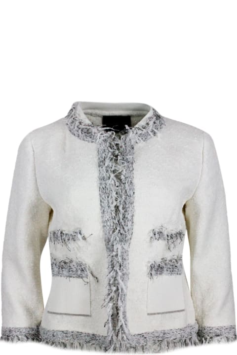 Lorena Antoniazzi Coats & Jackets for Women Lorena Antoniazzi Chanel-style Jacket With Long Sleeves And Mandarin Collar In Worked Cotton With Ribbon Applications On The Edges