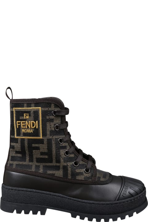 Fendi for Kids Fendi Brown Combat Boots For Kids With Ff Logo