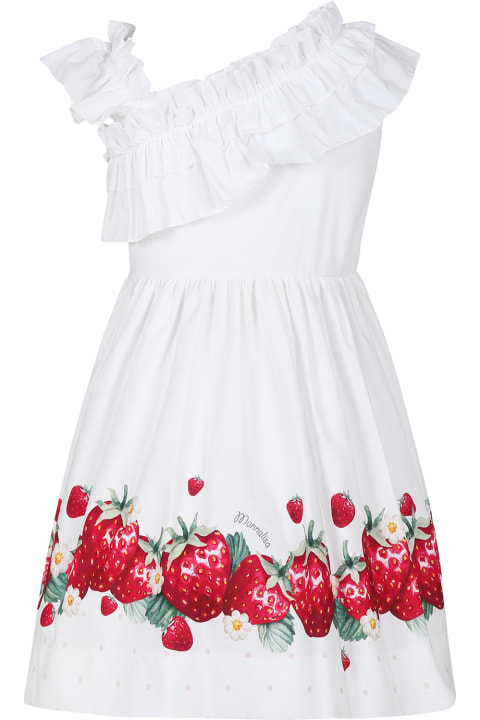 Monnalisa Kids Monnalisa White Dress For Girl With Strawberry Print