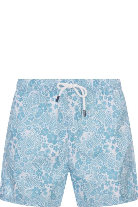 Clothing for Men Fedeli Sky Blue Swim Shorts With Tropical Pattern