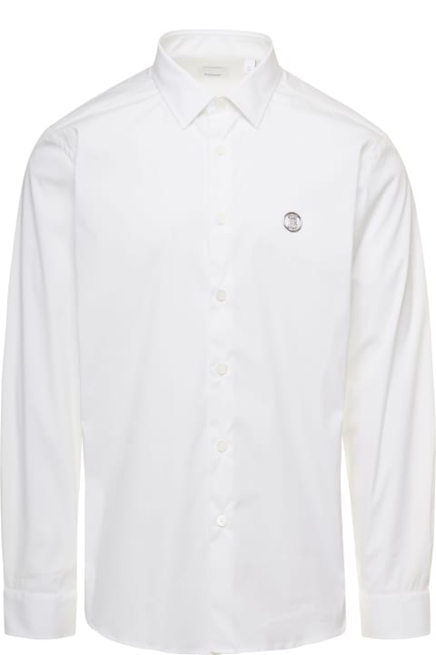 White Shirt With Monogram Embroidery In Stretch Cotton Man Burberry
