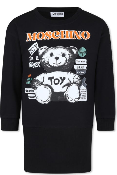 Dresses for Girls Moschino Black Dress For Girl With Teddy Bear And Slogan