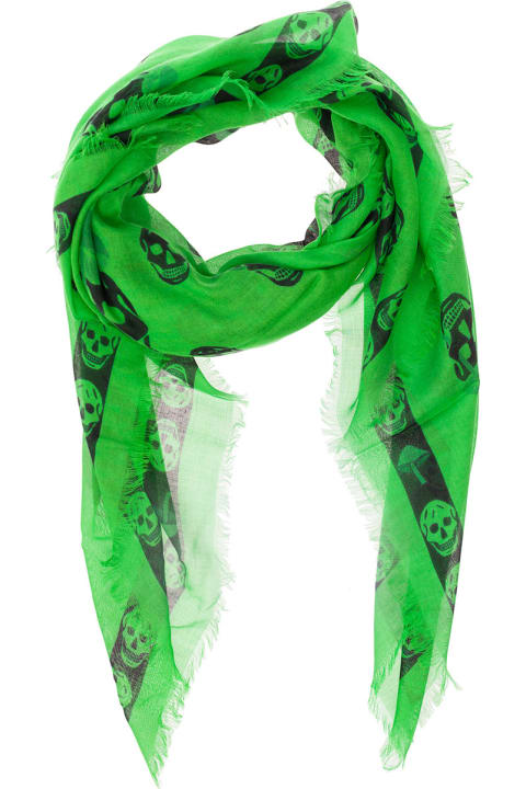 Alexander McQueen Accessories for Women Alexander McQueen Green Scarf With Skull And Mushroom Print All-over In Modal Blend