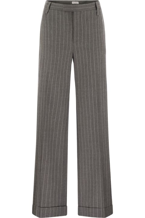 Brunello Cucinelli Pants & Shorts for Women Brunello Cucinelli Loose Flared Trousers In Virgin Wool Mouliné Pinstripe With Beadwork