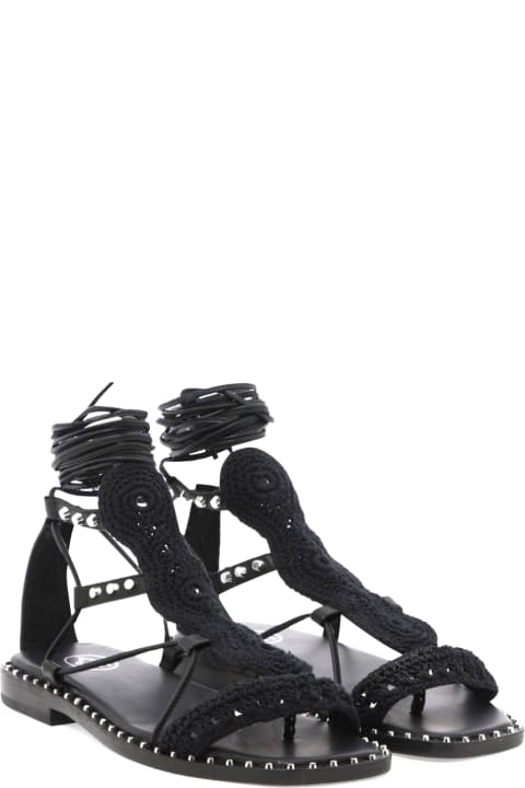 Ash Woman's Mercury Sandals In Black Leather With Studs And Crochet Details