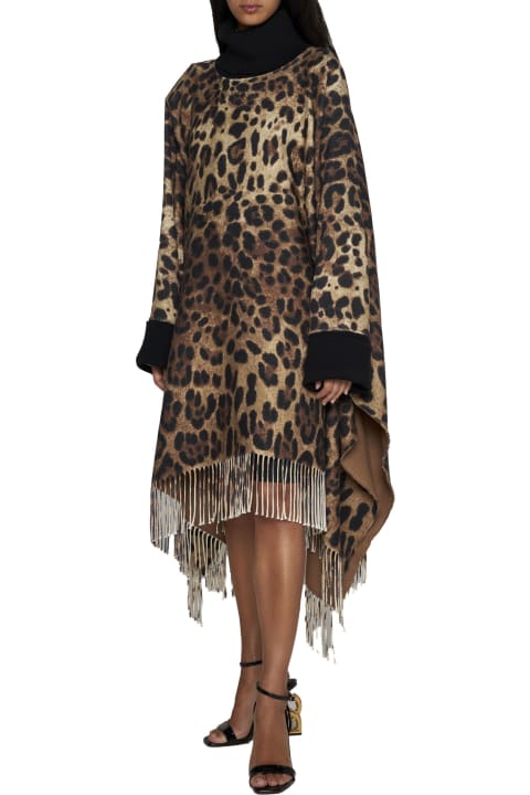 Coats & Jackets for Women Dolce & Gabbana Leopard Printed Fringed Poncho