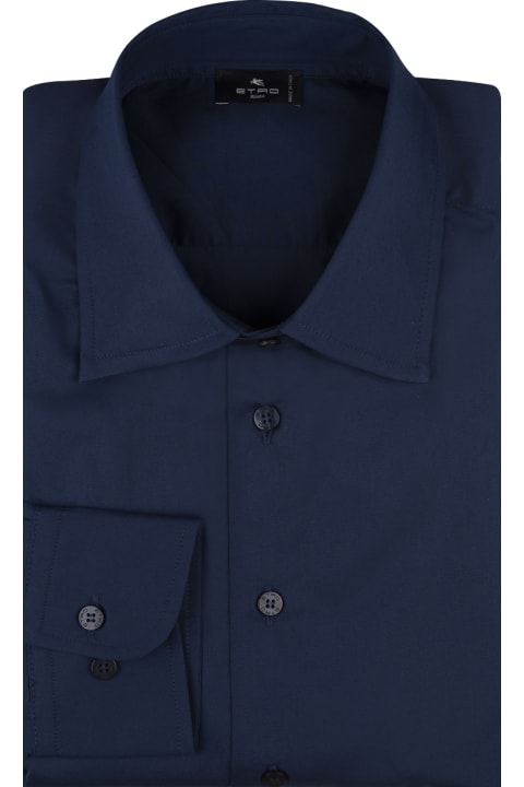 Etro Men Etro Navy Blue Shirt With Embroidered Logo And Printed Undercollar
