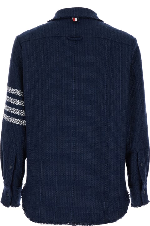 メンズ新着アイテム Thom Browne Snap Front Shirt Jacket W/fray Edge In Woven 4 Bar Solid Cotton Tweed