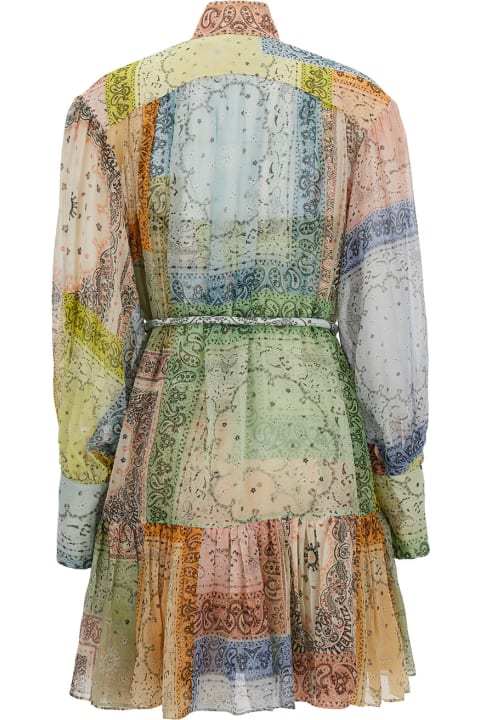 ウィメンズ新着アイテム Zimmermann Mini Multicolor Patchwork Dress With Belt In Cotton And Silk Woman