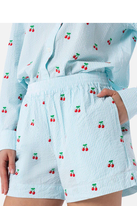 Homeware MC2 Saint Barth Woman Seersucker Striped Pull Up Shorts Meave With Cherry Patches