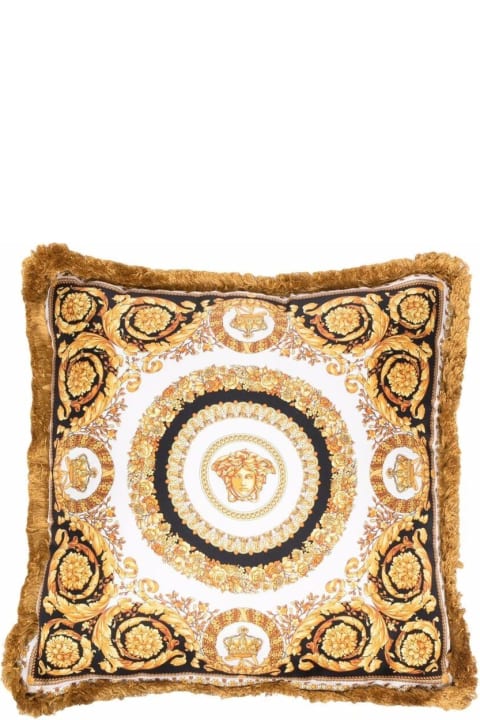 Gold, Black And White Pillow  In Silk And Synthetic Fibers With Baroque Print