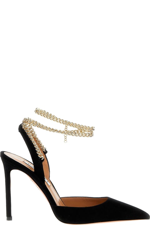 High-Heeled Shoes for Women Aquazzura Black Slingback Pumps With Chain Ankle Strap In Leather Woman