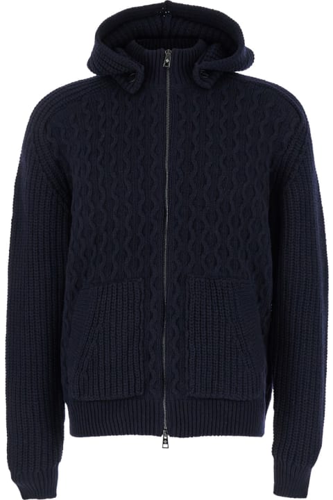 Homeware Tagliatore Blue Zip-up Cardigan With Detachable Hood In Cable Knit Wool Man