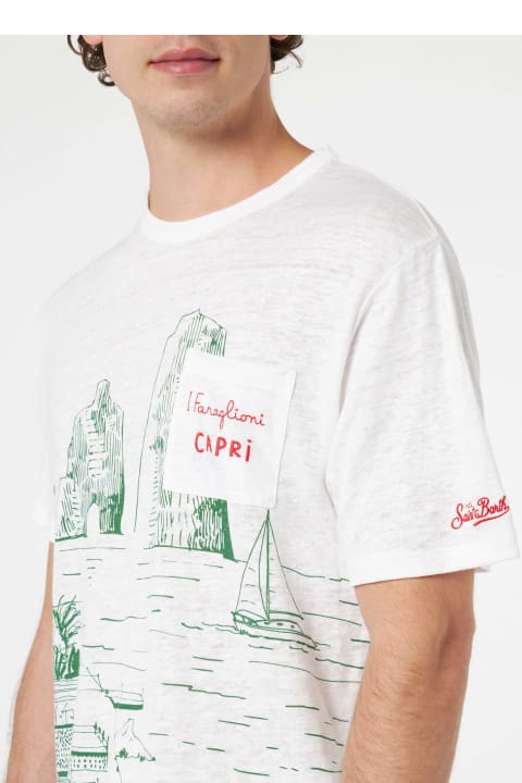 Homeware MC2 Saint Barth Man Linen Jersey T-shirt Ecstasea With Capri Placed Print And Embroidered Pocket