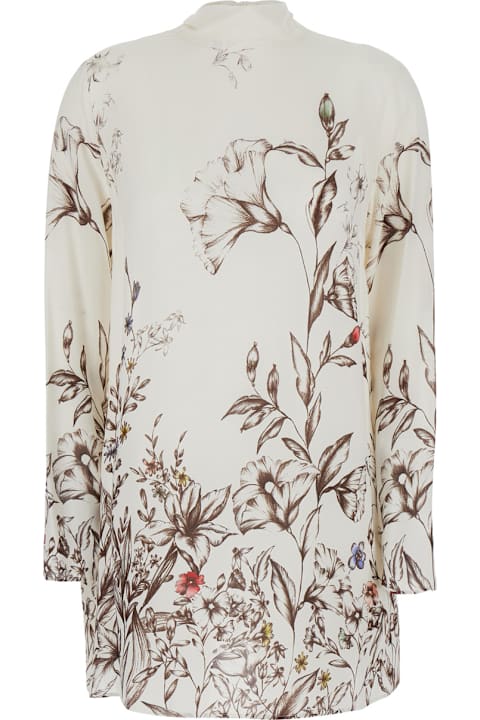 Homeware SEMICOUTURE White Crewneck Mini Dress With All-over Floral Print In Viscose Woman